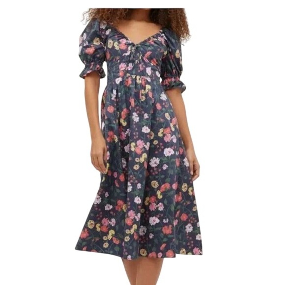 Hill House Home The Ophelia Dress Navy Peony Bouquet Floral Cotton S